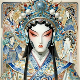 portrait of a male cyberpunk machine, machine face, upper half portrait, decorated with chinese opera motifs, asian, fine china, wuxia, traditional chinese art, intricate, elegant, highly detailed, symmetry, headpiece, digital painting, artstation concept art smooth sharp focus, illustration, art by artgerm and greg rutkowski alphonse mucha 8 k