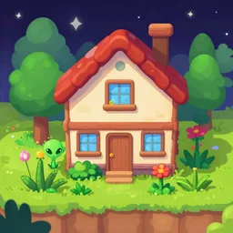 a house with alien flowers and plants in the garden in front of it, from a space themed Serria point and click 2D graphic adventure game, high quality cartoon style graphics