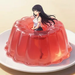 full body side view of a beautiful anime woman stuck inside of a giant jello placed on a plate, realistic anime CGI art style.