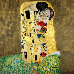 A tiger is sniffing a red rose in style of Klimt