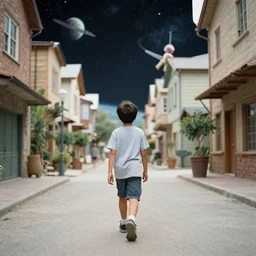color photo of a boy walking down a town in space