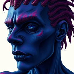 a dark crimson cobalt blue humanoid, hyper detailed, in the style of wlop and junji ito and and h. r. giger and junji ito, selfie