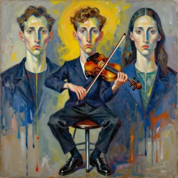 portrait of a young violinist sitting on stool by vincent lefevre and hernan bas and pat steir and hilma af klint, psychological, symmetrical face, dripping paint, a lot brush marks, james jean rendition on behance, high quality render, altermodern, masterpiece