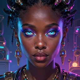 african neon necromancer, science fiction, highly detailed, digital painting, beautiful eyes, symmetry, concept art, sharp focus, illustration, global illumination, radiant light, synthwave colors, detailed and intricate environment, art by artgerm and greg rutkowski and magali villeneuve and ilya kuvshinov!