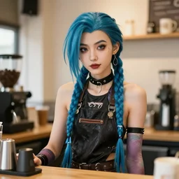 jinx from arcane as a barista, in a coffee shop, dark blue hair, modern fashion, half body shot, photo by greg rutkowski, female beauty, f / 2 0, symmetrical face, warm colors, natural indoor lighting, depth of field