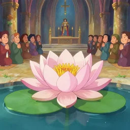 cartoon waterlily flower in the center of a animated church full of worshipers, disney style, studio ghibli, pixar