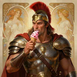 epic portrait A spartan buff man with armor licking strawberry ice cream, digital painting, artstation, concept art, soft light, hdri, smooth, sharp focus, illustration, fantasy, intricate, elegant, highly detailed, D&D, matte painting, in the style of Greg Rutkowski and Alphonse Mucha and artemisia, 8k, highly detailed, jurgens, rutkowski, bouguereau, pastoral, rustic, georgic