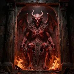 wood portal containing mummified demon lord, dark, gritty, damaged, hellfire, hostile, demonic, diabolic, cinematic light, 3 d cg, cel shading
