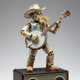 glazed ceramic sculpture of a country bumpkin robot, playing a large banjo, straw in his mouth, standing on a speaker, fantasy, mystical, high detail, cyberpunk, style of michael cheval, hyper realistic, s, 8 k