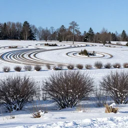 a winter landscape with shrubs and trees on a clear day, land art