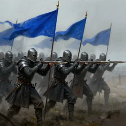 few medieval soldiers, in line, ready fo battle, blue flagg, mist, epic? digital art, illustration, fantasy, sketch, dark