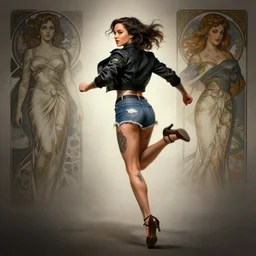 tattooed pinup sexy girl emilia clarke wearing a jacket and ripped shorts running and jumping, character sheet, contrast, deep focus, turnaround, highly detailed, dramatic lighting, rear view, ultra wide angle, digital painting, artstation, concept art, matte, sharp focus, illustration, elegant, art by artgerm and greg rutkowski and alphonse mucha.