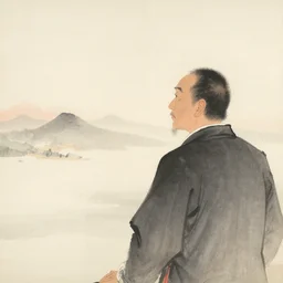 chinese painting of a man staring into the horizon, traditional artwork on art paper