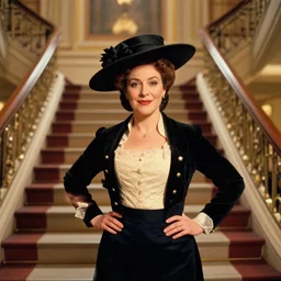 merry widow hat, standing mid rms titanic grand staircase, confident wisdom