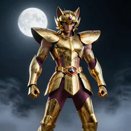 full shot of angry darkness Saint Seiya knight at moonlight, wearing golden Cat armor, detailed, octane render, unreal engine 4k volumetric light, fog, darkness background