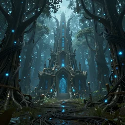 Ancient technomancer temple in a Swamp full of trees made out of thousands of wires and pipes, blue glowing lights, artstation trending unreal 8k HD