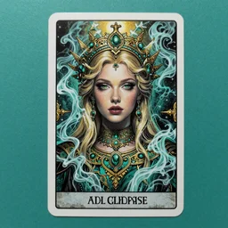 Tarot card of the very beautiful Cannabis Goddess, miss universe, blonde hair, green eyes, highly detailed portrait, psychedelic, high fantasy, teal paper, smoke swirls, elaborate ornate, intricate details, mixed media, realistic composition, golden ratio, light from top, more darkness on bottom, high quality of sketching, octane render, 8k, by James Gilleard