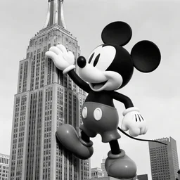 gigant mickey mouse climbing the empire state building in new york city, 1 9 5 0 s movie, dramatic, detaild, black and white, old movie scene, mickey, empire state