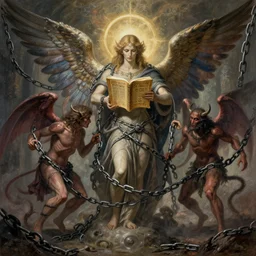 book of enoch, angels capture demons with huge chains and send them to hell, by mucha, trending on artstation