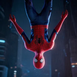 portrait of peter parker hanging upside down, a dark cyberpunk background, lens flare, rain, deep focus, d & d, intricate, elegant, highly detailed, photo, 9 0 s, artstation, blade runner, 8 k, sharp focus, octane, unreal engine 5, global illumination, radiant
