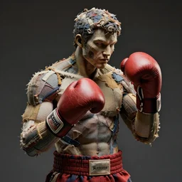 a beautiful sculpture of a man made with old textile and boxing gloves, epic lighting, cinematic composition, hyperrealistic, 8 k