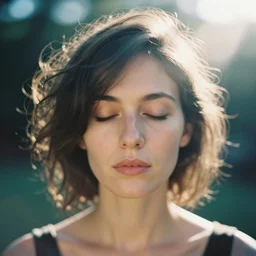 An analog head and shoulder portrait frontal face photography of a woman with an abstract hair style by Annie Leibovitz. closed eyes. Kodak Portra 800 film. Depth of field. whirl bokeh. Sunshine. detailed. hq. realistic. warm light. muted colors. Moody. Filmic. Dreamy. lens flare. Leica M9, f/1.2, symmetrical balance, in-frame