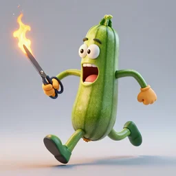 highly detailed 3 d render of a raging zucchini character, burning scissors, running down a dirt road, scared tomates scattered everywhere, high speed action, explosions, dramatic scene, hyper realistic octane render, cinematic lighting, tomato splatter, deviantart, black sky, lowbrow, surrealism, pixar influenced, mayhem