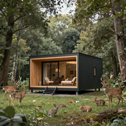 a modern cabin in a forest with deers and rabbits and many animals around