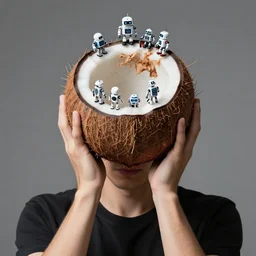 man with split coconut as head in the split coconut are small robots, portrait, studio lightning, 8k