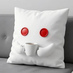 white pillow creature with red button eyes holding a coffee cup