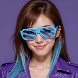 closeup painting of a very beautiful young mexican cyberpunk woman with a smirk, light blue retro slotted shades, and a purple coloured leather jacket, one side haircut, long brown hair with light blue ends, portrait, sci - fi, hyperdetailed, artstation, cgsociety, synthwave by tangerine dream, by jean - michel jarre, by vangelis, by john carpenter