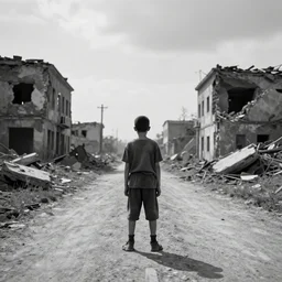 black and white photo of boy standing in the middle of ruined road at war. ruined building around him. photorealistic, hyperrealistic, cinematic, artstation, octane render, 8 k