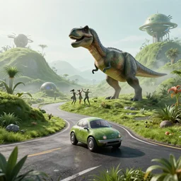 a spherical car driving down the road, t - rex and humans dancing, smoky, green hills, many interstellar plants, futuristic concept design, airy landscape, high detail rendering by octane, unreal engine, 8 k, cinematic grade.