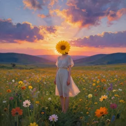 girl with a flower head, surreal photography, bizzare, dreamlike, otherworldly, standing in flower field, in a valley, sunrise dramatic light, impressionistic painting, colorful clouds, artstation, simon stalenhag