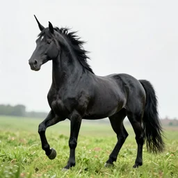 black percheron unicorn, meadow background, highly detailed, digital painting, artstation, concept art, sharp focus, illustration, art by aleksi briclot, raphael lacoste, magali villeneuve