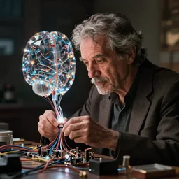 handsome man building a futuristic artificial Ai glass led brain wires and cables and circuitry natural lighting by Emmanuel Lubezki