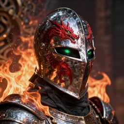 highly detailed portrait of knight's helmet reflecting red dragon reflection detailed, 8 k blocking flames fire, green eyes, fantasy art by by simon bisley, loish, rhads, ferdinand knab, and lois van baarle, ilya kuvshinov, rossdraws, tom bagshaw, global illumination, radiant light, detailed and intricate environment