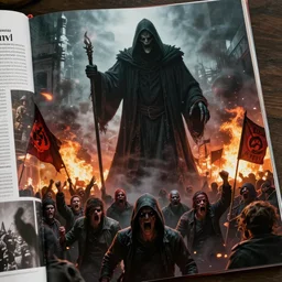 magazine photoillustration of a tall sinister looking grim reaper looming over angry mob, violent protest, riot, flags slogans fire smoke flares, establishing shot, hyper detailed, hyperrealistic, cinematic, 8 k