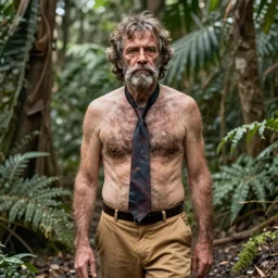 A feral psychiatrist in his natural habitat. He is in his thirties and wearing a tie on his hairy chest, and tan pants. 4K, National Geographic photograph