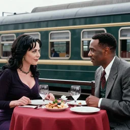 film still morticia adams and wesley snipes dine on the orient express, leica sl 2 5 0 mm, vivid color, high quality, high textured, real life