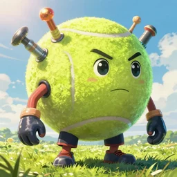 tennis ball monster with weapons and uniform, serious, finely detailed, made by wlop, studio ghibli, artgerm, full body portrait, illustration, grass, sunny, sky, anime, side view, perfect anime face, detailed face, zoomed out, smooth,