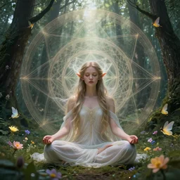 elven princess meditating in forest, magical flowers, surrounded by fairies, beautiful face, wisps, surreal, surrealist art, photo, trending on artstation, ultra detailed, intricate, sacred geometry, serene, beautiful, photo, realistic, perfect, smooth, light shafts, light diffusion, chromatic aberration, moebius, by moebius, peter mohrbacher