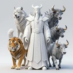 high intricate full shot of a anthropomorphic druid in a white ornate robe, lion, tiger, wolf, bull, demon, covered in blood, maria panfilova, andrea savchenko, mike kime, ludovic plouffe, qi sheng luo, oliver cook, makoto shinkai, trending on artstation