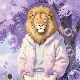 aesthetic portrait commission of a albino male furry anthro lion under a lavender tree surrounded by by soap bubbles while wearing a masculine cozy soft pastel winter outfit, softest winter atmosphere. character design by artgerm, and makoto shinkai, detailed, inked, western comic book art, 2 0 2 0 award winning painting