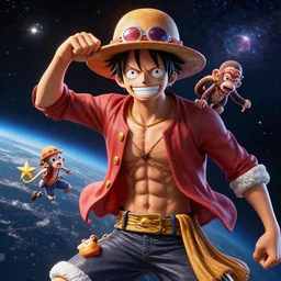 joseph joe star verses monkey d luffy, lifelike, photo realistic, highly detailed, 8 k, hdr, detailed lighting, in space