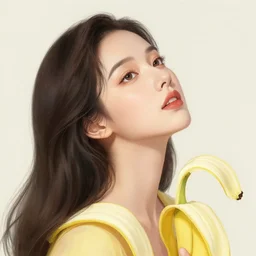 the portrait of an absurdly beautiful, graceful, elegant innocent woman made of bananas and petals looking up, an ultrafine detailed illustration by kim jung gi, irakli nadar, intricate linework, bright colors, octopath traveler, final fantasy, angular, unreal engine 5 highly rendered, global illumination, radiant light, detailed and intricate environment