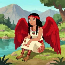 Harpy, young woman, red feathered wings, bird legs, wearing Inka clothes, sad expression, sitting at a pond, mountainous area, trees in the background, comic style