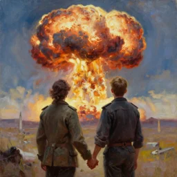 a couple holding hands looking at a nuclear explosion, oil painting, realism, very beautiful, by greg rutkowski, by artgerm