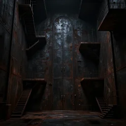 huge, very dark room, with rusty metallic walls, metal door, pitch black, platforms with staircases everywhere, lots of stairs, digital art, concept art, high detail, eerie, volumetric lighting, style of jordan grimmer