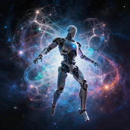 cyborg floating in space letting go of reality and experiencing the quantum feild, matte painting comic book art, cinematic, highly detailed, realistic, beautiful cosmic neural network, octane render, unreal engine, depth of field, trending on artstation, sharp focus, philosophical splashes of colors
